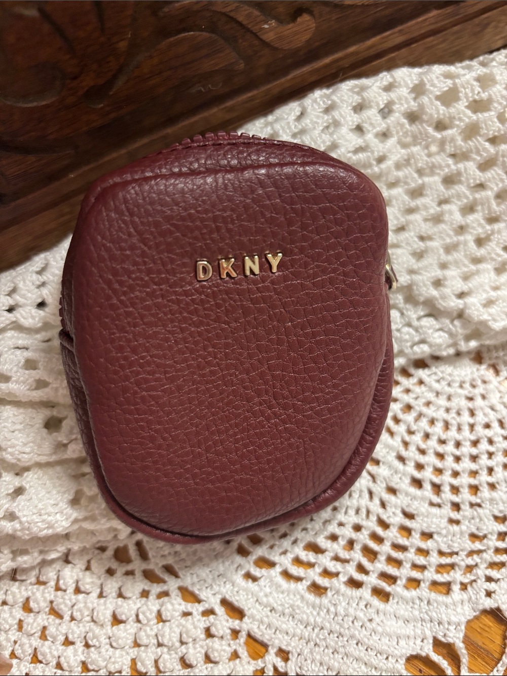 DKNY Wine Red Pebbled Leather Coin Pouch with Gold Logo